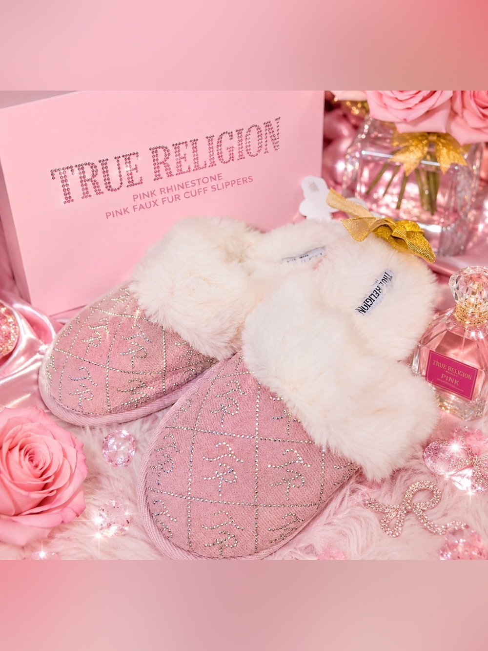 True Religion Kids Pink Rhinestone Faux Fur Cuff Slippers